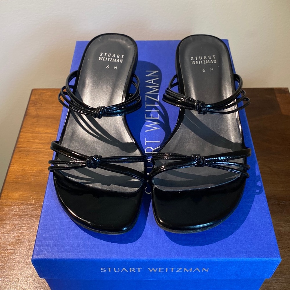 Stuart Weitzman Black Patent Leather Strappy Sandals Heels Shoes - 6M